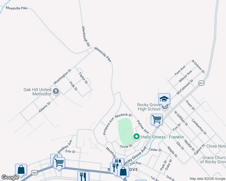 map of restaurants, bars, coffee shops, grocery stores, and more near 288 Meadville Pike in Franklin