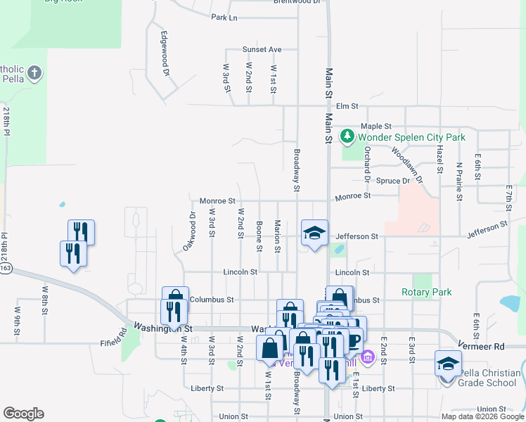 map of restaurants, bars, coffee shops, grocery stores, and more near 1246 Boone Street in Pella