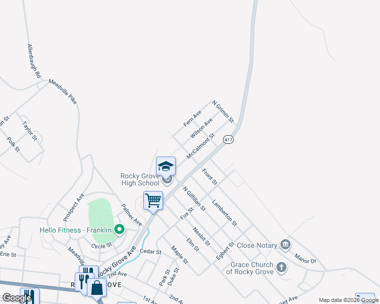 map of restaurants, bars, coffee shops, grocery stores, and more near 705 McCalmont Street in Franklin