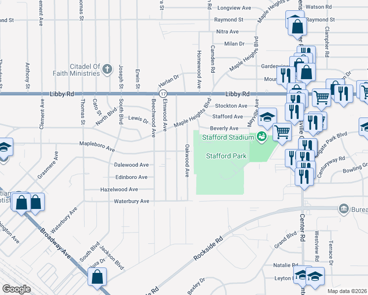 map of restaurants, bars, coffee shops, grocery stores, and more near 5436 Oakwood Ave in Maple Heights