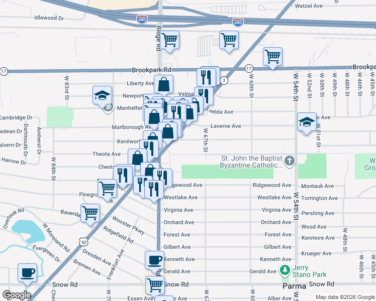 map of restaurants, bars, coffee shops, grocery stores, and more near 6902 Theota Avenue in Parma