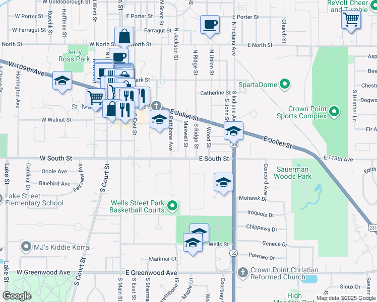 map of restaurants, bars, coffee shops, grocery stores, and more near 266 Maxwell Street in Crown Point