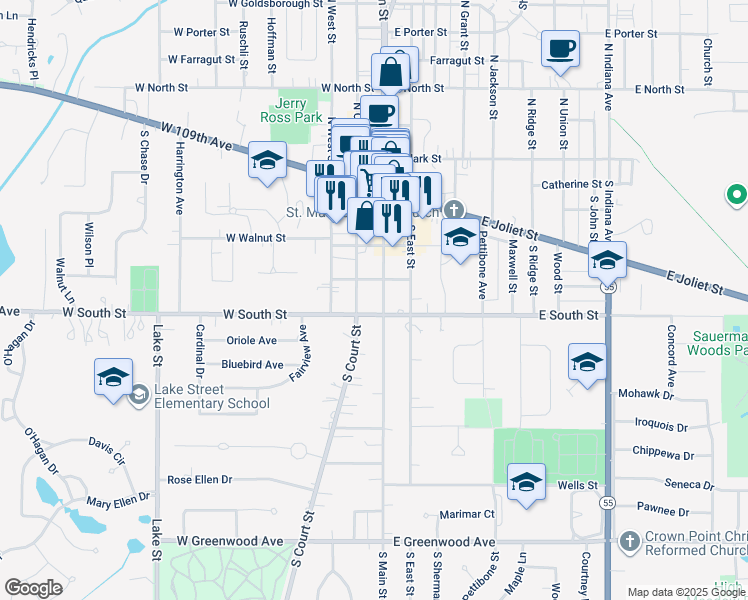 map of restaurants, bars, coffee shops, grocery stores, and more near 349 South Main Street in Crown Point