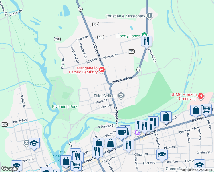 map of restaurants, bars, coffee shops, grocery stores, and more near 106 College Avenue in Greenville