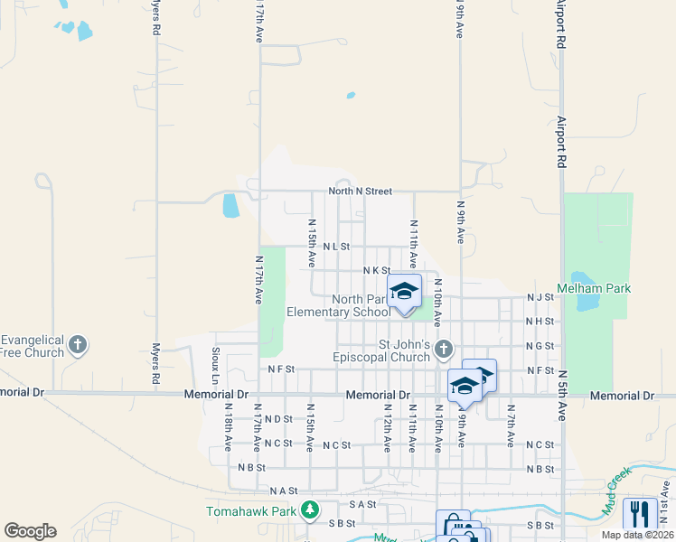 map of restaurants, bars, coffee shops, grocery stores, and more near 1401 North K Street in Broken Bow