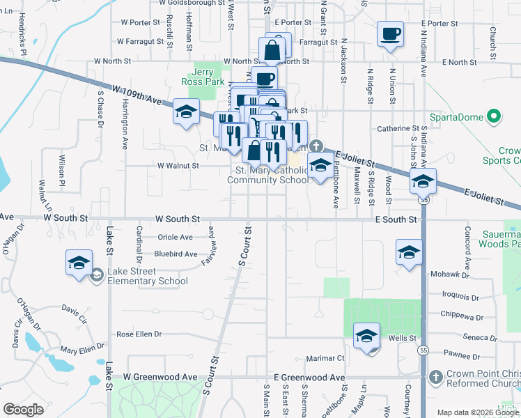 map of restaurants, bars, coffee shops, grocery stores, and more near 349 S Main St in Crown Point