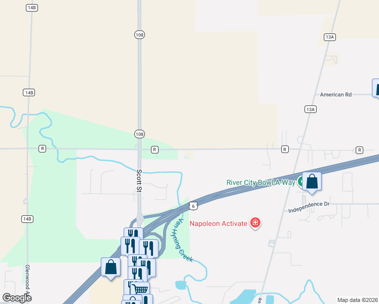 map of restaurants, bars, coffee shops, grocery stores, and more near 13733 County Road R in Napoleon