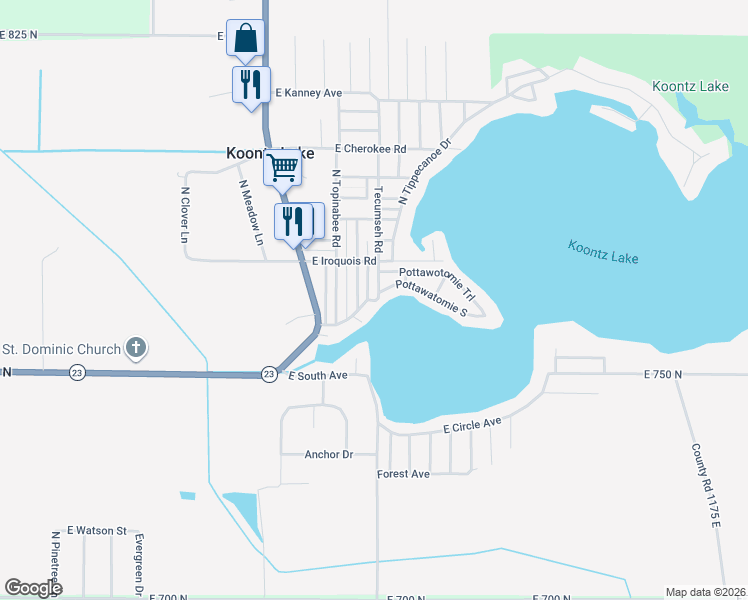 map of restaurants, bars, coffee shops, grocery stores, and more near 11017 Pottawatomie South in Walkerton