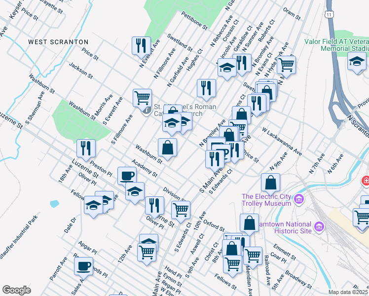 map of restaurants, bars, coffee shops, grocery stores, and more near 123 South Sumner Avenue in Scranton