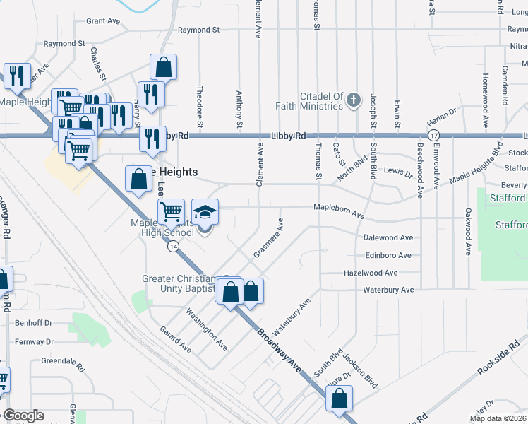 map of restaurants, bars, coffee shops, grocery stores, and more near 17210 Mapleboro Road in Maple Heights