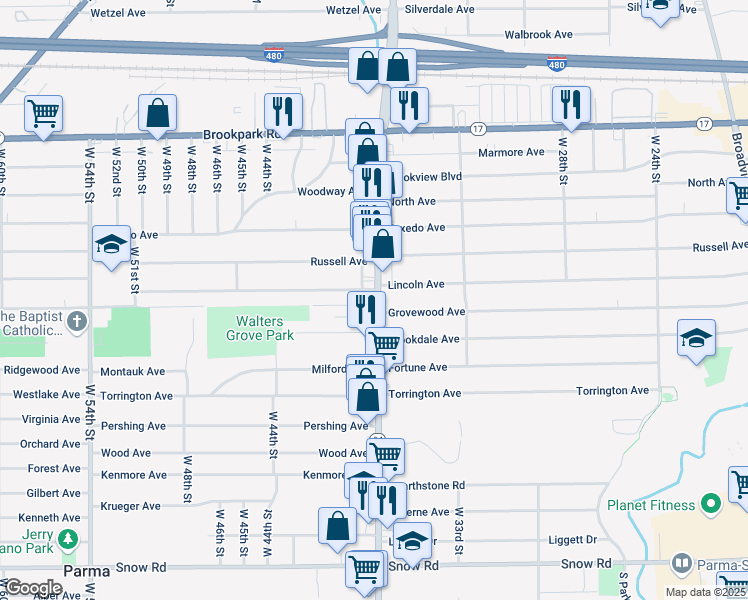 map of restaurants, bars, coffee shops, grocery stores, and more near 5436 State Road in Parma