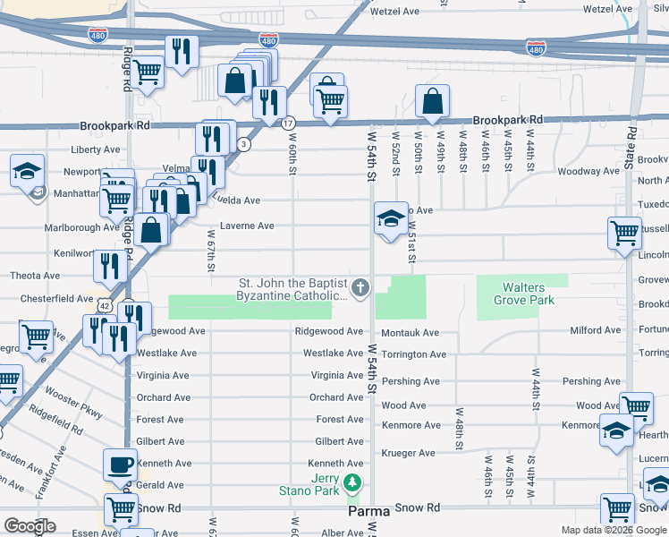 map of restaurants, bars, coffee shops, grocery stores, and more near 5612 Theota Avenue in Parma