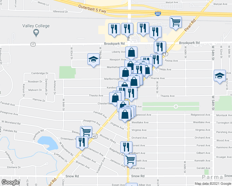 map of restaurants, bars, coffee shops, grocery stores, and more near 7516 Theota Avenue in Parma