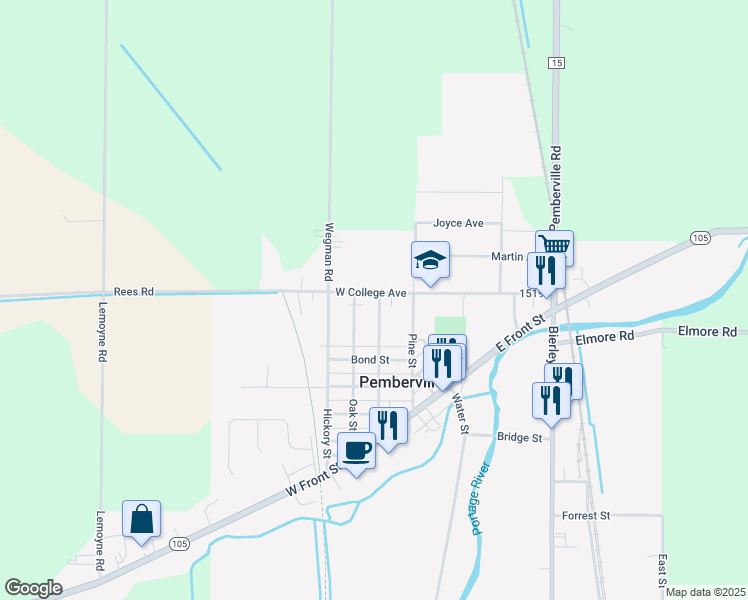 map of restaurants, bars, coffee shops, grocery stores, and more near 446 Maple Street in Pemberville