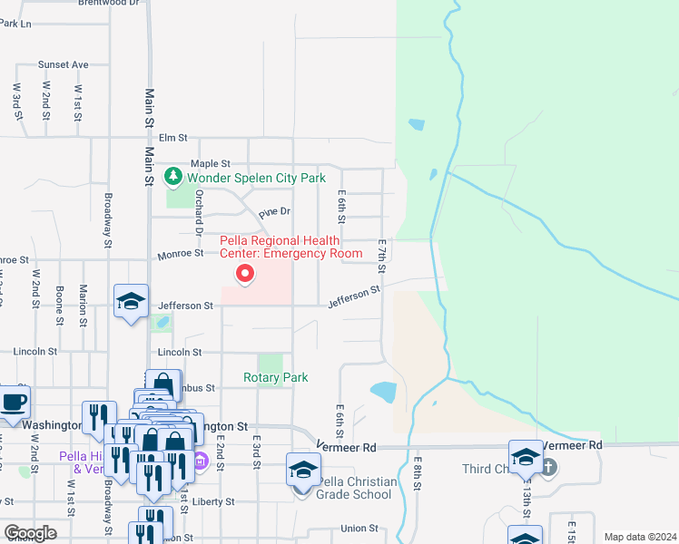 map of restaurants, bars, coffee shops, grocery stores, and more near 103 Glenwood Street in Pella