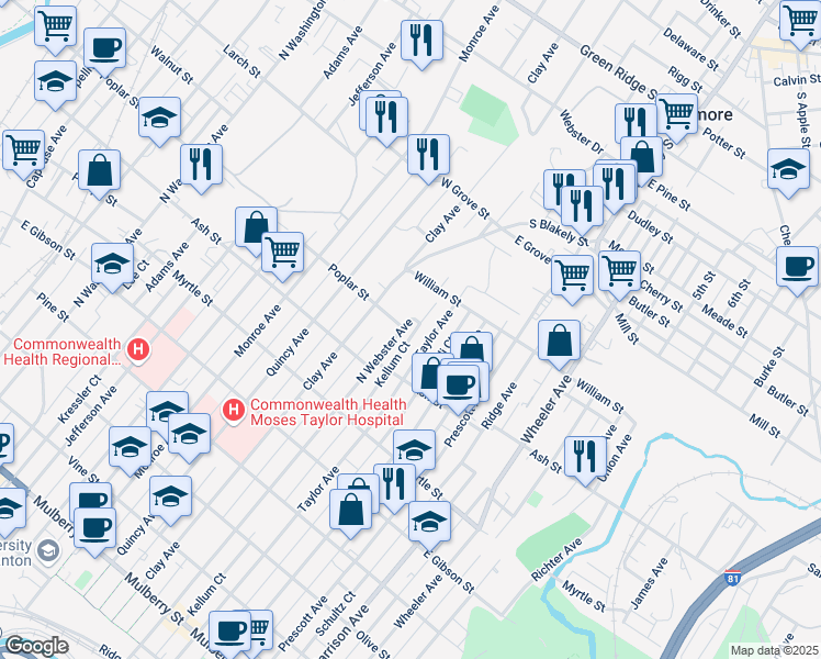 map of restaurants, bars, coffee shops, grocery stores, and more near 1050 North Webster Avenue in Scranton