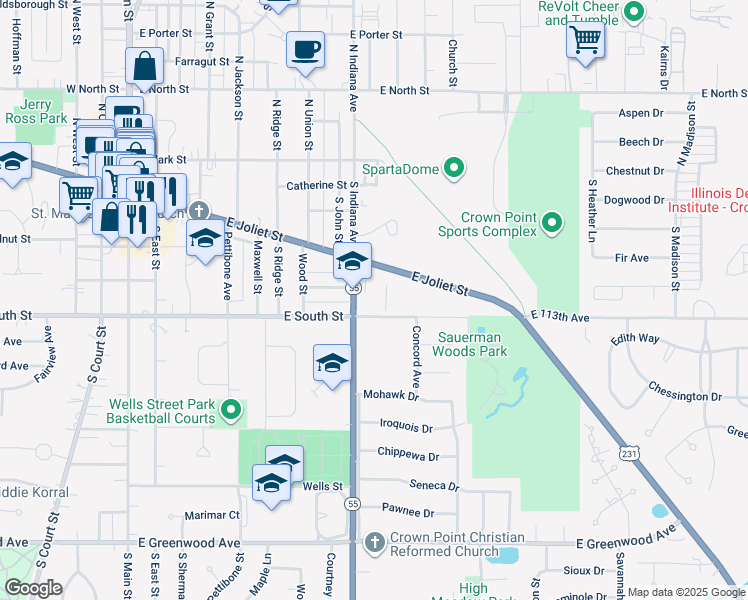 map of restaurants, bars, coffee shops, grocery stores, and more near 250 South Indiana Avenue in Crown Point