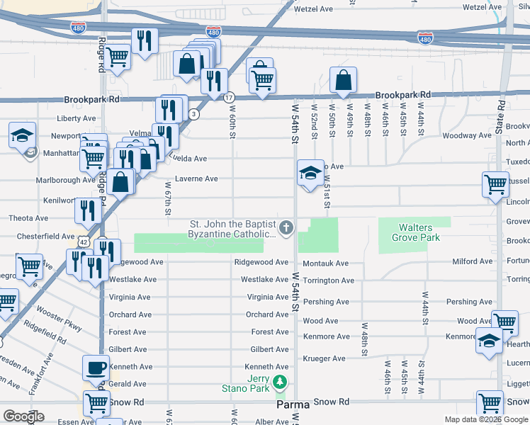 map of restaurants, bars, coffee shops, grocery stores, and more near 5612 Theota Avenue in Parma