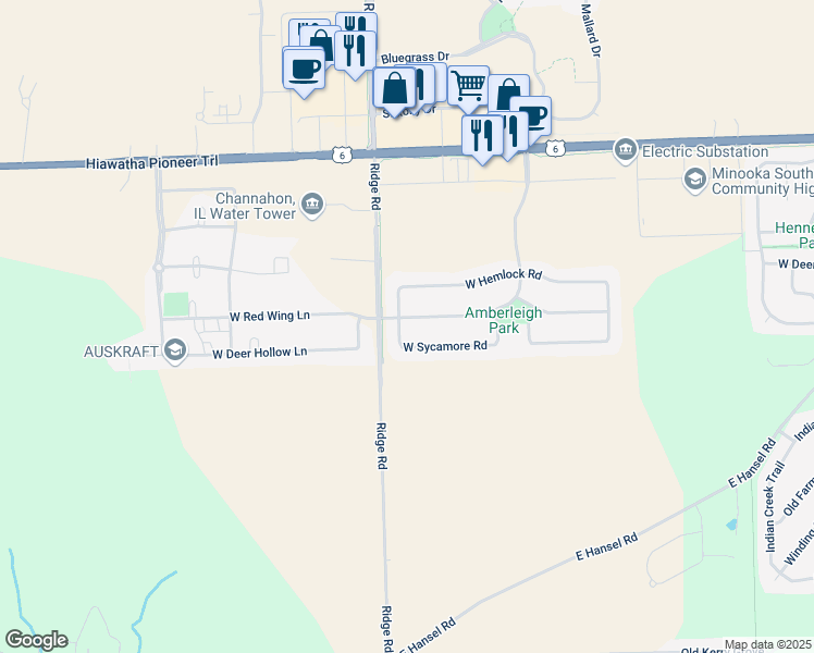 map of restaurants, bars, coffee shops, grocery stores, and more near 25857 South Yellow Pine Drive in Channahon