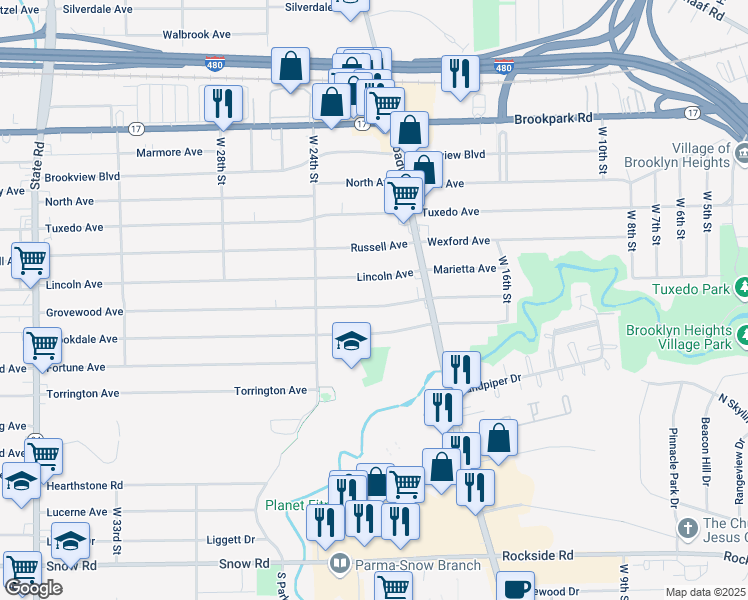 map of restaurants, bars, coffee shops, grocery stores, and more near 2128 Grovewood Avenue in Parma