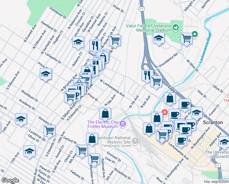 map of restaurants, bars, coffee shops, grocery stores, and more near in Scranton