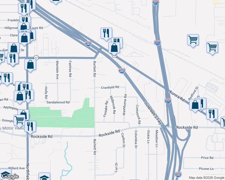 map of restaurants, bars, coffee shops, grocery stores, and more near 23380 Cranfield Road in Bedford Heights