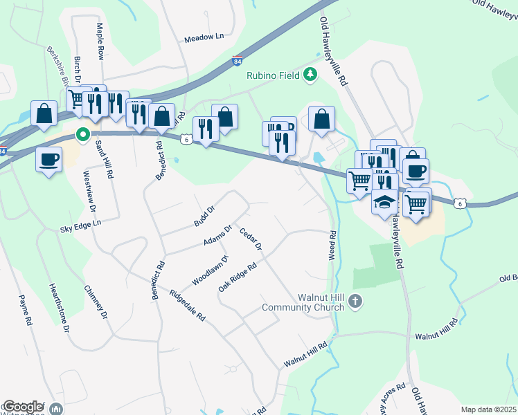 map of restaurants, bars, coffee shops, grocery stores, and more near 25 Adams Drive in Bethel