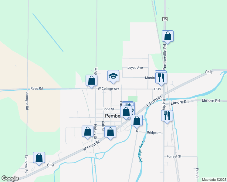 map of restaurants, bars, coffee shops, grocery stores, and more near 446 Maple St in Pemberville