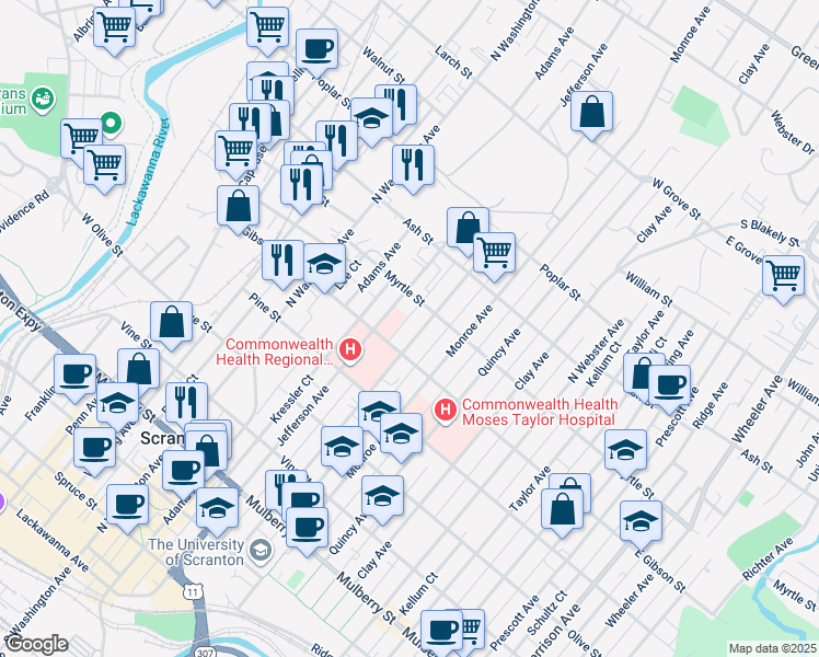 map of restaurants, bars, coffee shops, grocery stores, and more near 821 Madison Avenue in Scranton