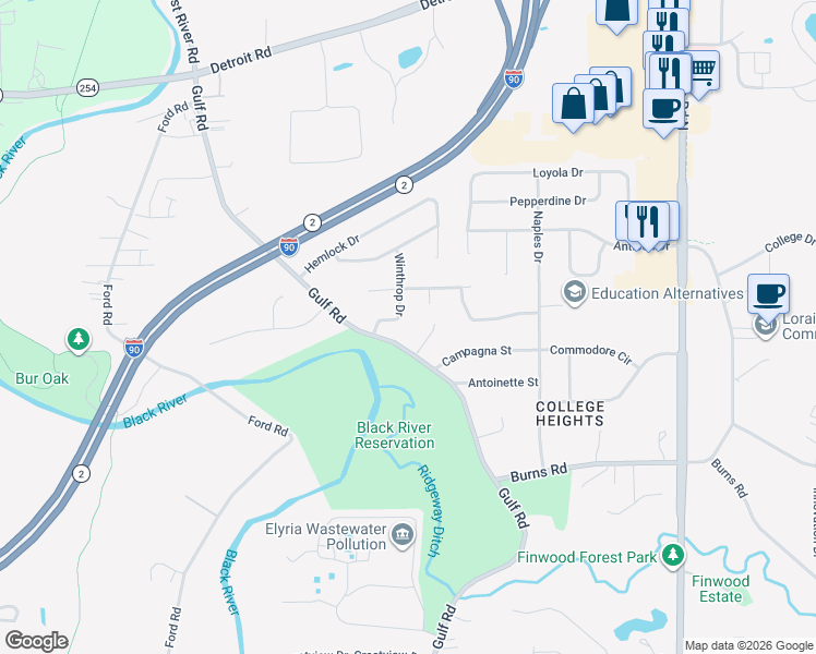 map of restaurants, bars, coffee shops, grocery stores, and more near 129 Winthrop Dr in Elyria
