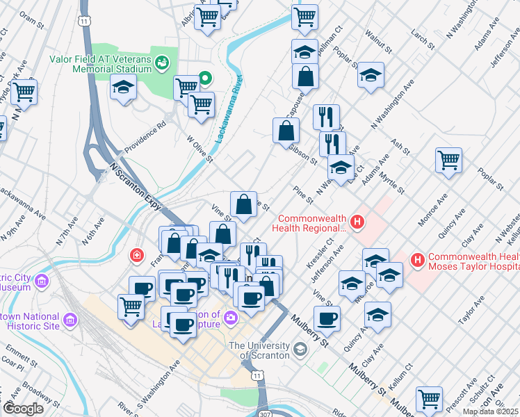 map of restaurants, bars, coffee shops, grocery stores, and more near 549 Wyoming Avenue in Scranton