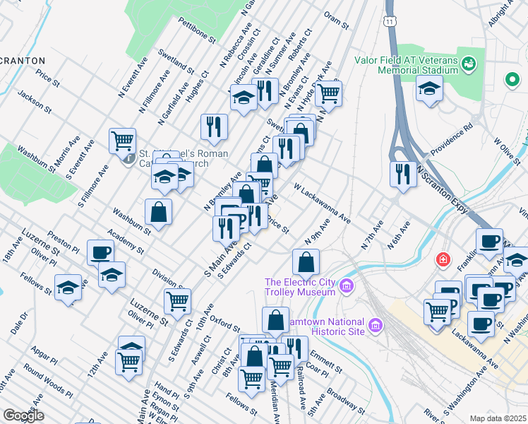 map of restaurants, bars, coffee shops, grocery stores, and more near 1-199 Merrifield Place in Scranton