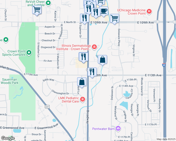 map of restaurants, bars, coffee shops, grocery stores, and more near 11282 Broadway in Crown Point