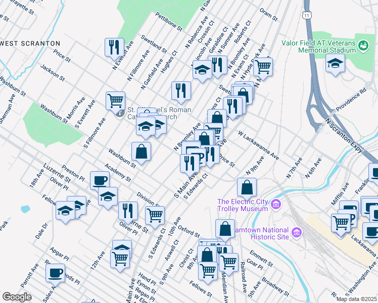 map of restaurants, bars, coffee shops, grocery stores, and more near 115 North Hyde Park Avenue in Scranton
