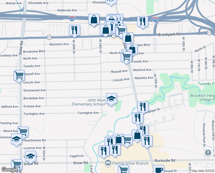 map of restaurants, bars, coffee shops, grocery stores, and more near 2308 Grovewood Ave in Parma