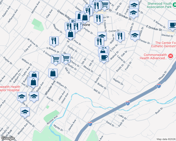 map of restaurants, bars, coffee shops, grocery stores, and more near 323 Cherry St in Dunmore