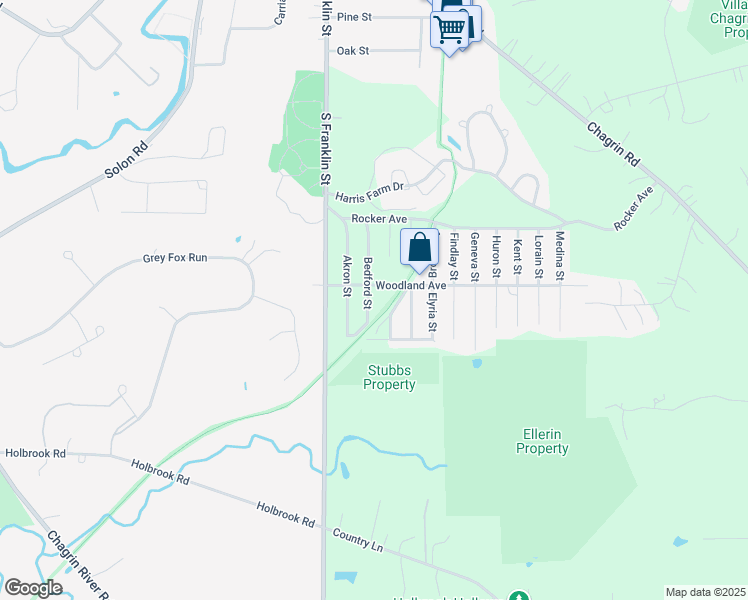 map of restaurants, bars, coffee shops, grocery stores, and more near 16755 Bedford Street in Chagrin Falls