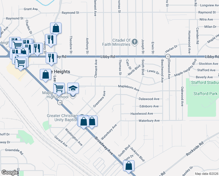 map of restaurants, bars, coffee shops, grocery stores, and more near 17400 Mapleboro Avenue in Maple Heights