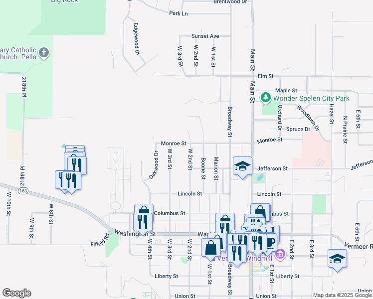 map of restaurants, bars, coffee shops, grocery stores, and more near 1217 West 2nd Street in Pella