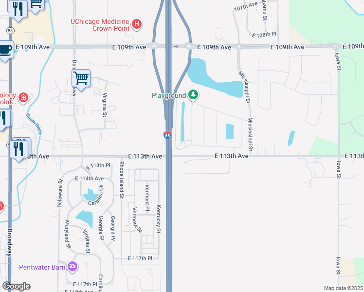 map of restaurants, bars, coffee shops, grocery stores, and more near 11189 Vermont Circle in Crown Point