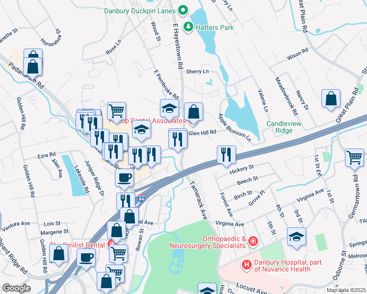 map of restaurants, bars, coffee shops, grocery stores, and more near 42 Hayestown Avenue in Danbury