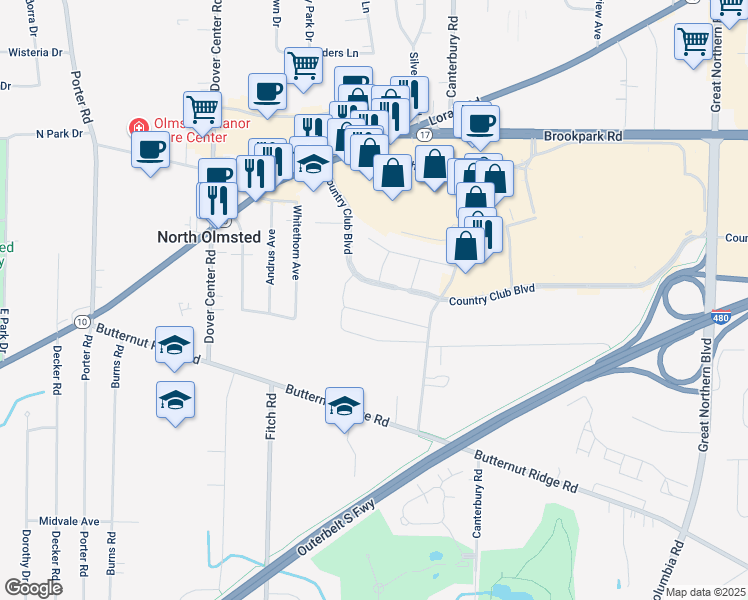 map of restaurants, bars, coffee shops, grocery stores, and more near in North Olmsted