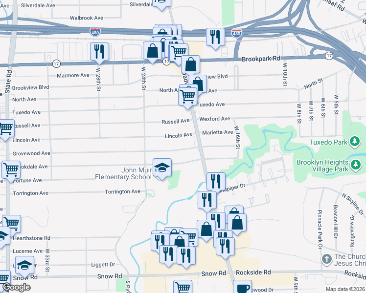 map of restaurants, bars, coffee shops, grocery stores, and more near 2100 Grovewood Avenue in Parma
