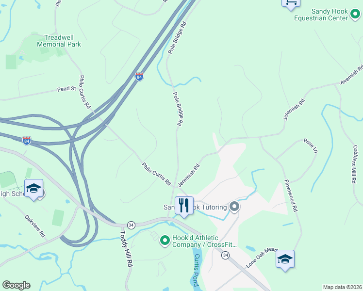 map of restaurants, bars, coffee shops, grocery stores, and more near 14 Pole Bridge Road in Newtown