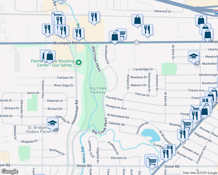 map of restaurants, bars, coffee shops, grocery stores, and more near 5411 Big Creek Parkway in Parma