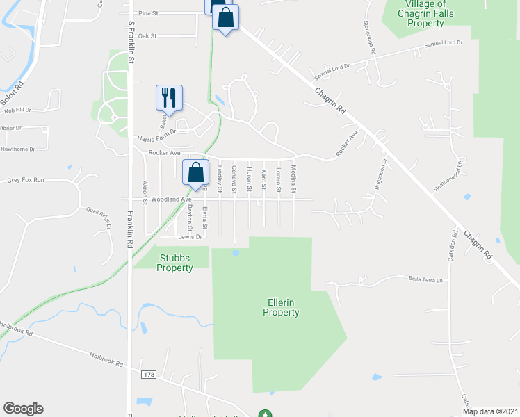 map of restaurants, bars, coffee shops, grocery stores, and more near 7235 Woodland Avenue in Chagrin Falls