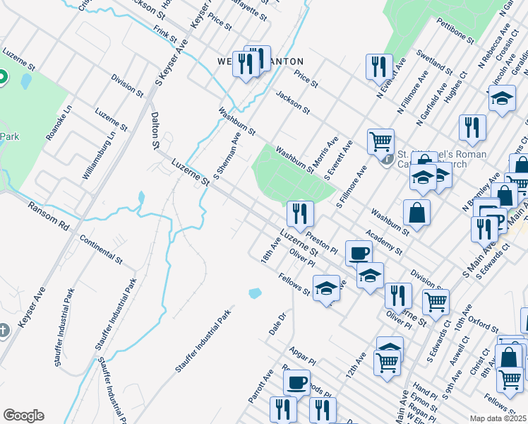 map of restaurants, bars, coffee shops, grocery stores, and more near 1910 Luzerne Street in Scranton