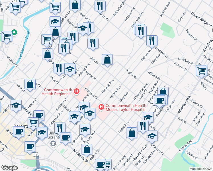 map of restaurants, bars, coffee shops, grocery stores, and more near 907 Monroe Avenue in Scranton
