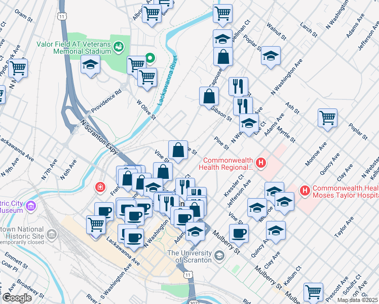 map of restaurants, bars, coffee shops, grocery stores, and more near 549 Wyoming Avenue in Scranton