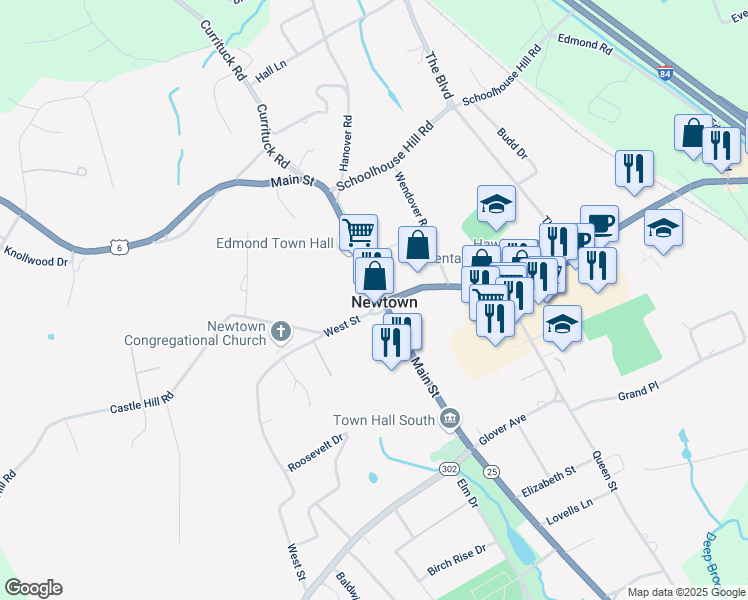 map of restaurants, bars, coffee shops, grocery stores, and more near 33 Main Street in Newtown